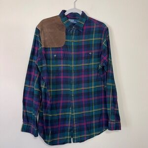 Polo Ralph Lauren Mens L Plaid Flannel Shooting Shirt Suede Shoulder Patch Green